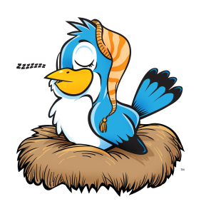 Graphic of a blue bird sleeping in a nest